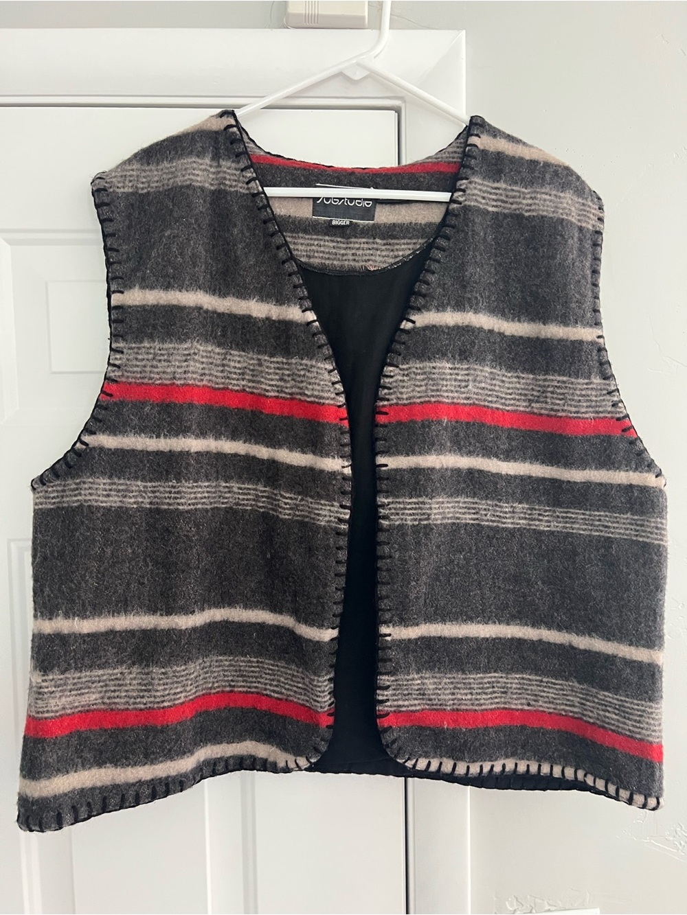Studio Gray Wool Vest with Red Stripe Accents